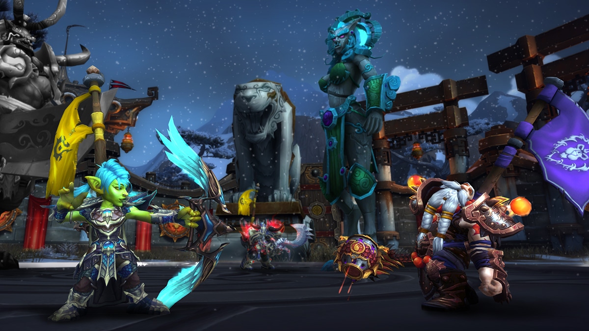 Horde Gnome with a Bow Aiming at an Alliance Dwarf in the Arena with Looming Carved Statues Surrounding Them