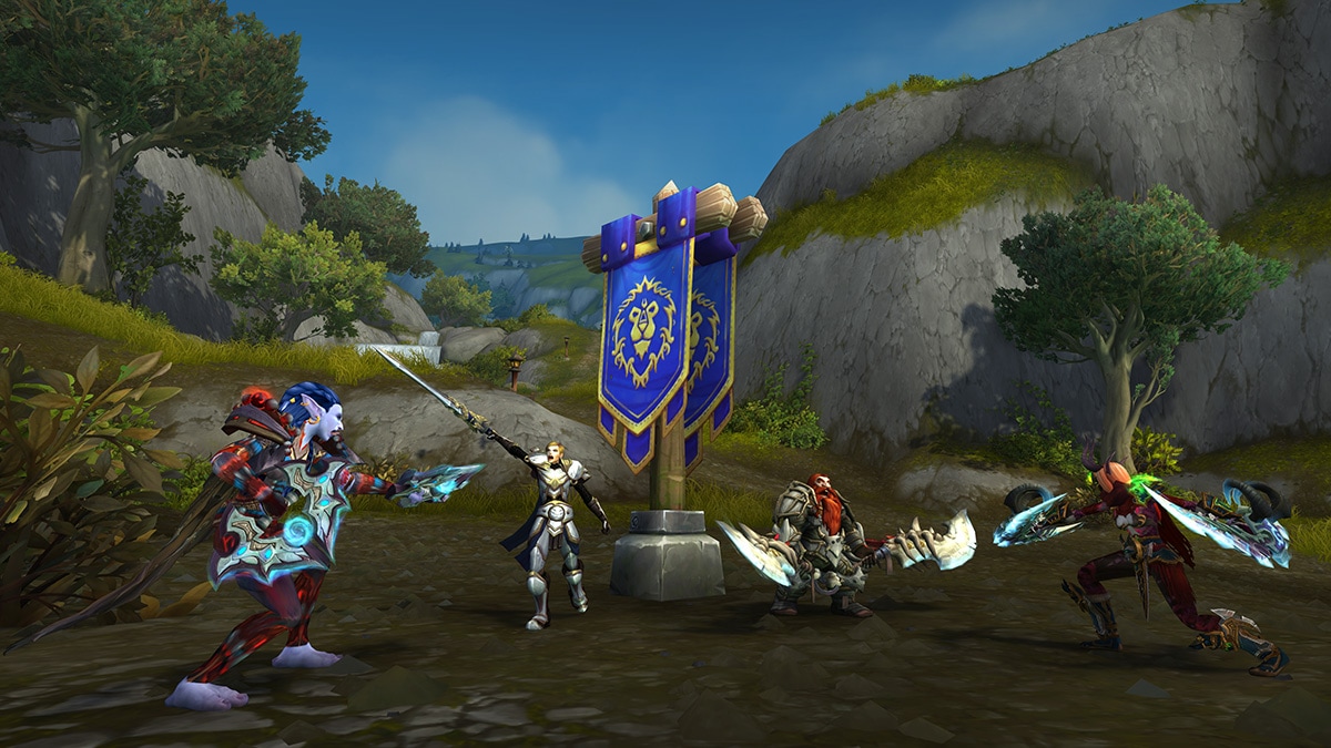 Two Alliance and Two Horde Fighting over the Alliance Controlled Capture Point