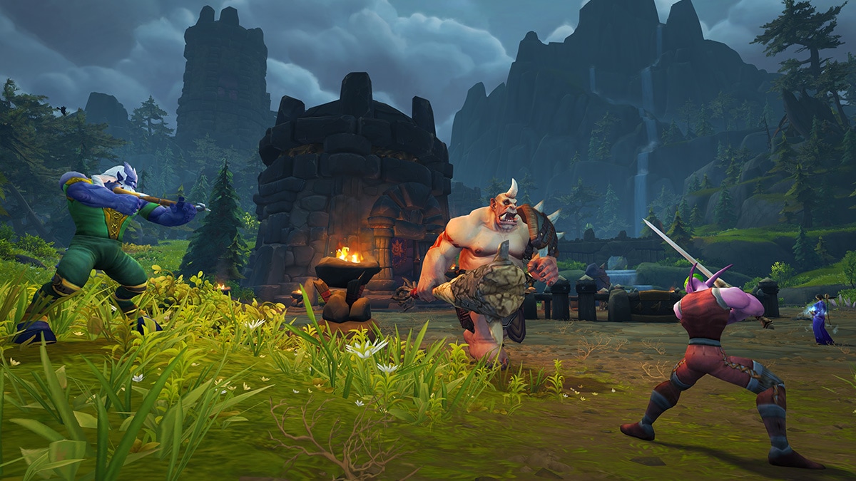 Draenei and Night Elf Facing Down an Ogre in Exile's Reach