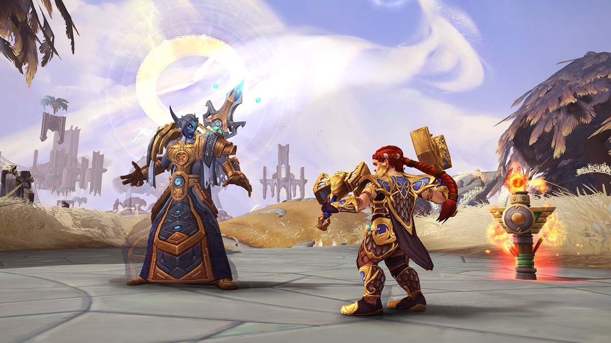 Image of Nightborne and a Dwarf facing off in Bastion