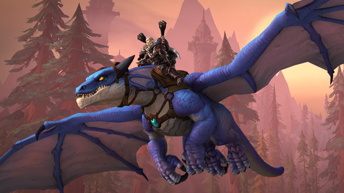 A Human warrior clad in plate armor rides a blue Dragon Isles Drake