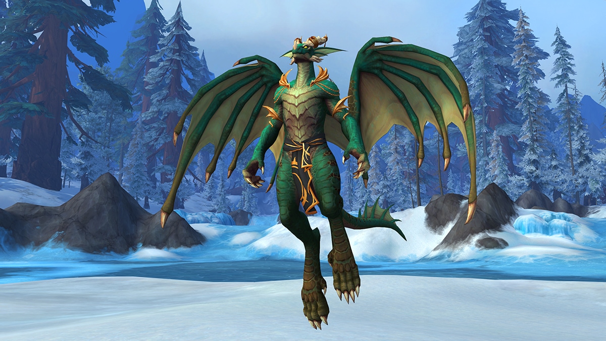 A dracthyr hovers above a frozen lake