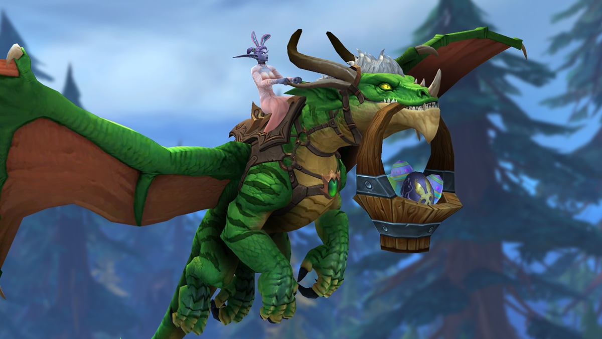 A green dragonriding mount flying and holding a Noblegarden basket of eggs in its mouth while a Night Elf female wearing Noblegarden attire rides on its back.