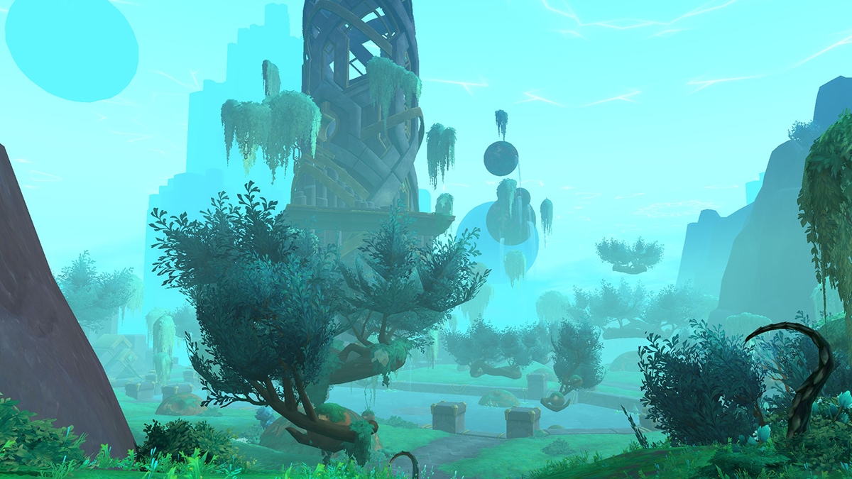 Scenic image of Zereth Mortis with Floating Tower, Rocks, and Islands