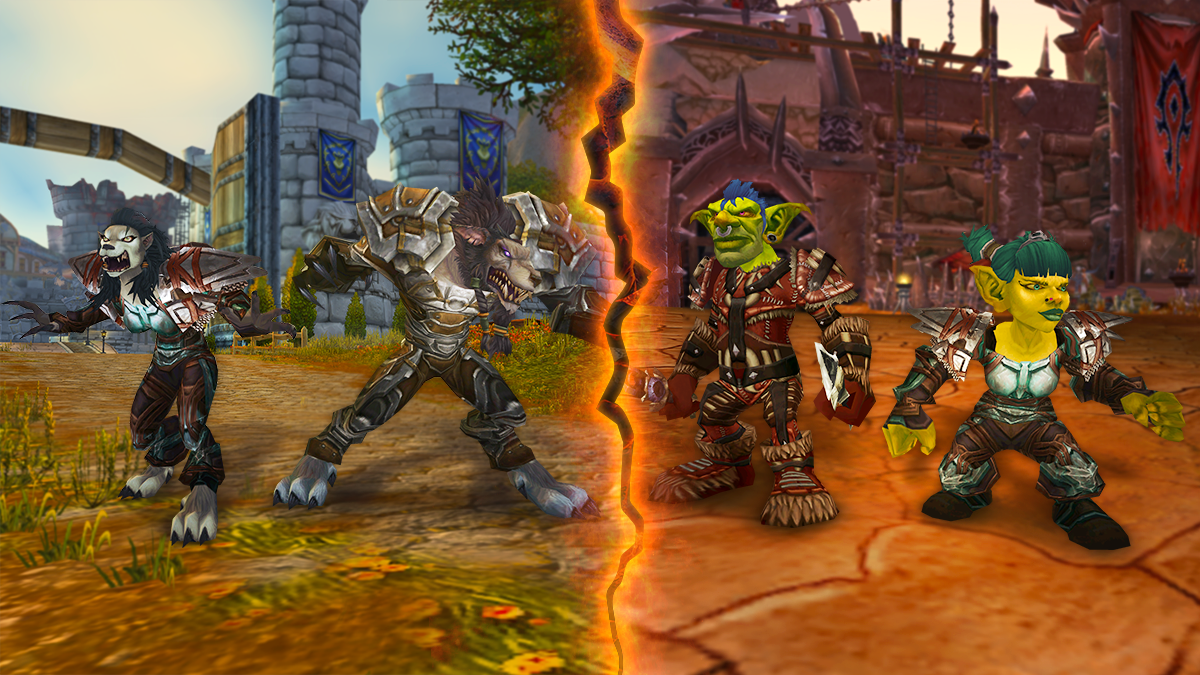 female and male worgen in front of Stormwind on the left and male and female goblins in front of Orgrimmar