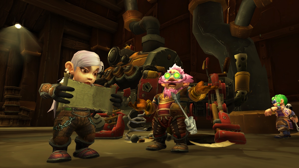 A Female Gnome Looking at a Map With a Male Gnome Talking and Gesturing While a Female Gnome Tinkers on a Machine in the Background
