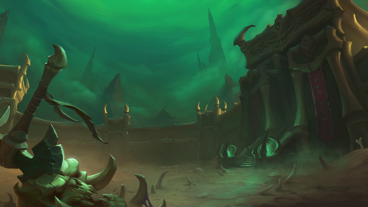 Image of the Theater of Pain Dungeon Showing an Axe Driven into a Skull in the Foreground and Green Sky Above.