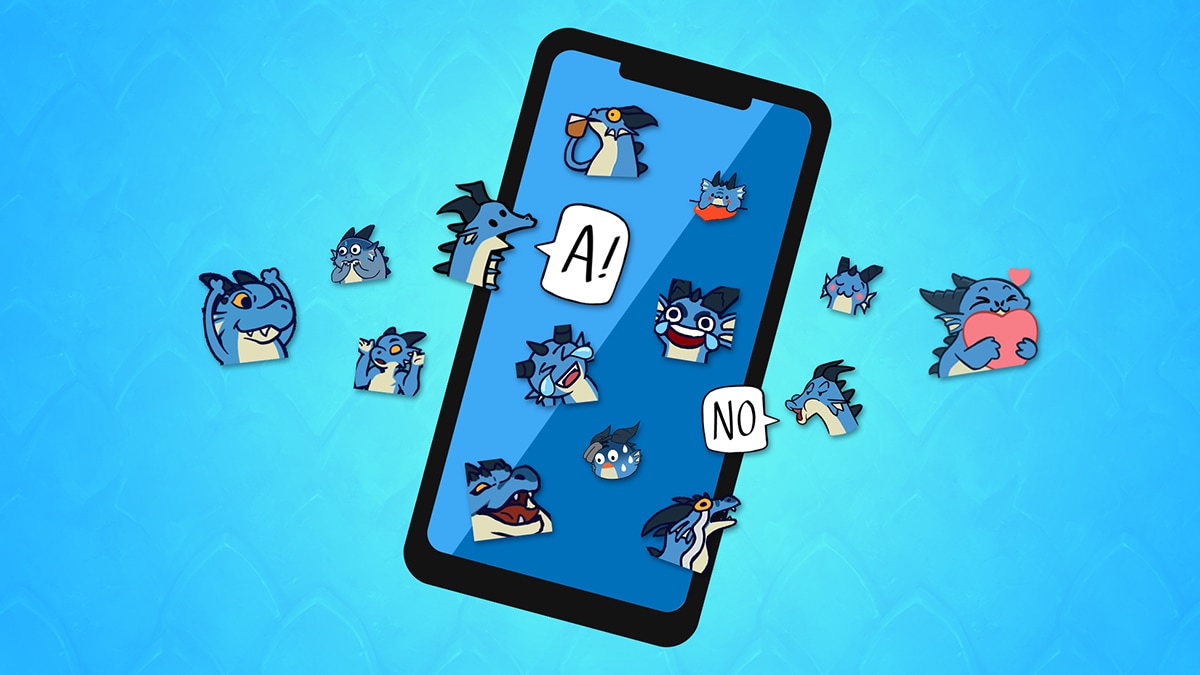 Smartphone mit verschiedenen Dracthyr-Emojis darauf und daneben