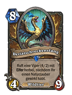 Deviate Dreadfang is a rare 8 mana 4 attack 9 health druid beast minion with card text that reads After you cast a nature spell, summon a 4/2 viper with Rush.