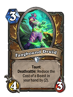 Fangbound Druid is a common 3 mana, 4 attack, 3 health druid minion with taunt and card text that reads deathrattle: reduce the cost of a beast in your hand by (2)