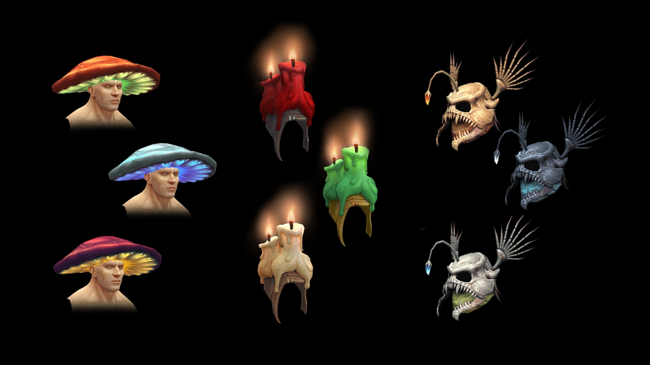 Helm rewards- Fungarian hat, Kobold helm with candles, kobyss helm