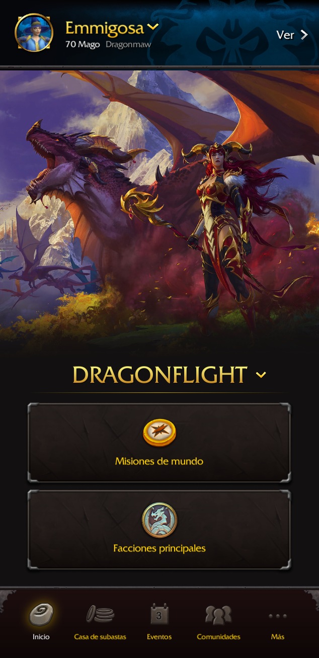 Interfaz de la expansión Dragonflight con las selecciones de misiones de mundo y facciones principales