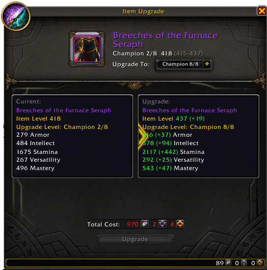 User Interface Breeches of the Furnace Seraph, the stats with upgrade, and the available upgrade levels along with costs including the addition of Shadowflame Crests Needed