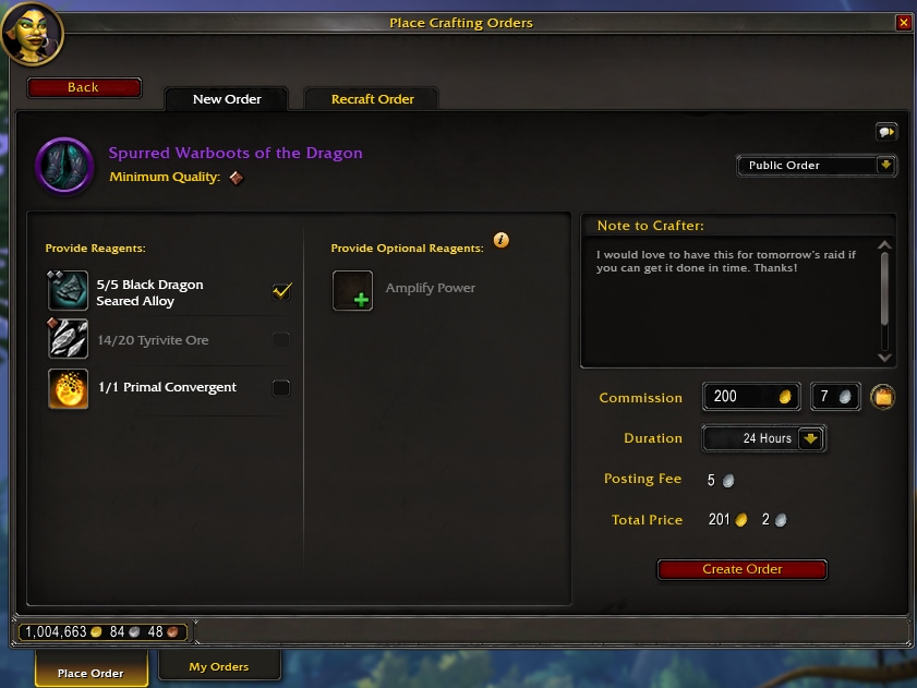 UI of Placing a crafting order