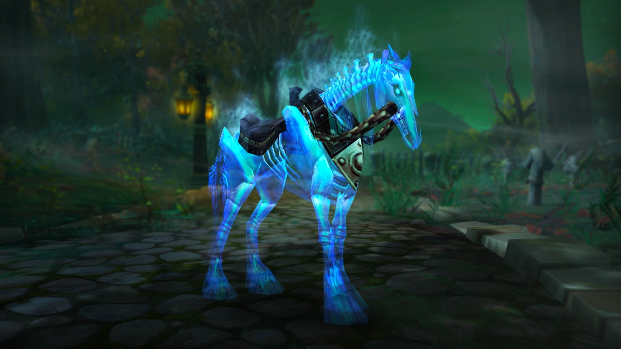 Un cheval squelette d’un bleu luminescent avec une selle.