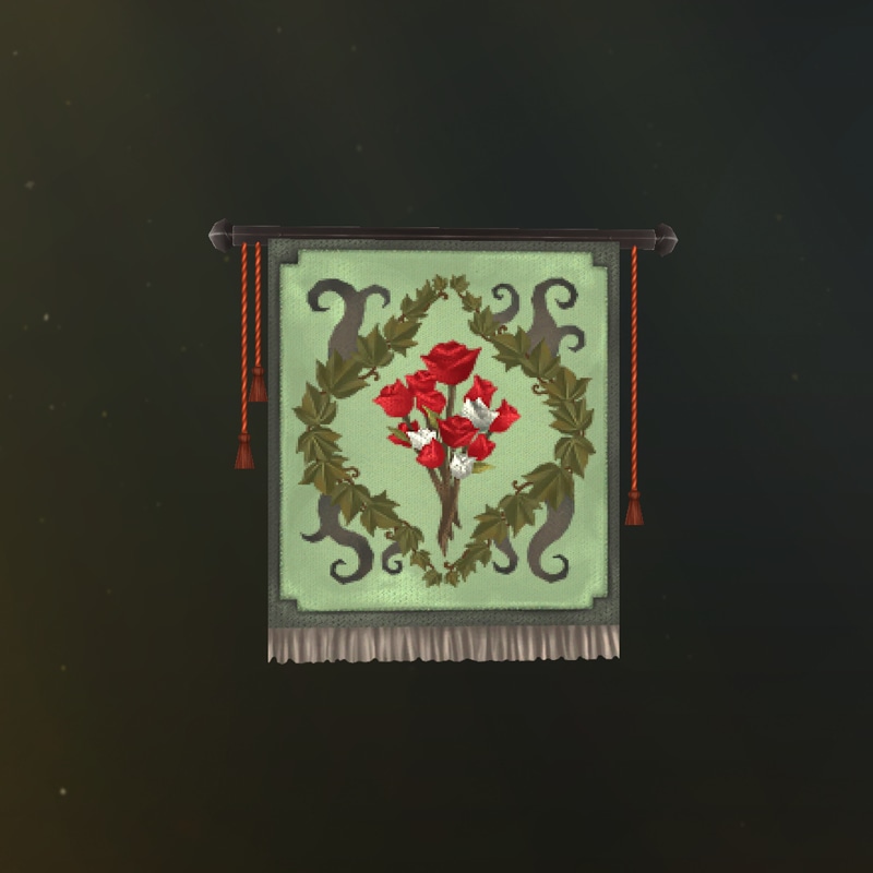 Ein bestickter Wandteppich mit grüner Efeuranke, roten Rosen und Dornen am Rand