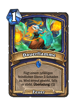 Perpetual Flame is a 1 cost rare shaman fire spell that reads deal 3 damage to a random enemy minion. If it dies, recast this. Overload: (1)
