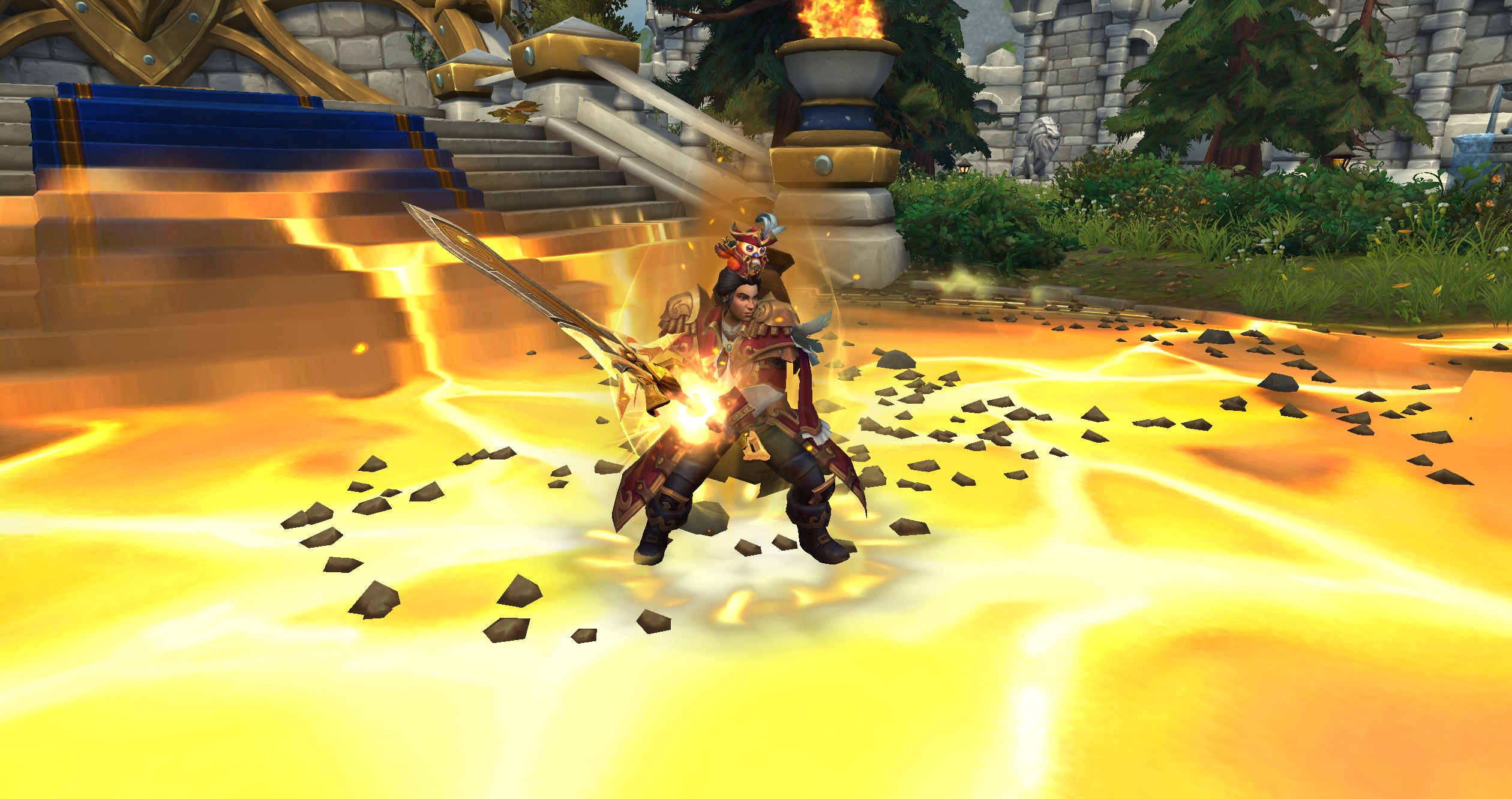 A character dressed as a pirate with a small bird dressed as a pirate sitting on their head. The character is holding a sword and the ground is glowing golden yellow in an area under their feet.