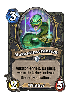 Water Moccasin is a 3 mana common rogue beast minion with 2 attack, 5 health, and card text that reads stealth has poisonous while you have no other minions. 