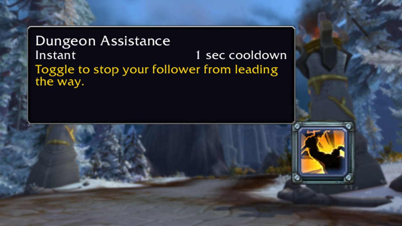 Tooltip for Dungeon Assistance of an orange icon- Instant 1 second cooldown- toggle to stop your follower from leading the way