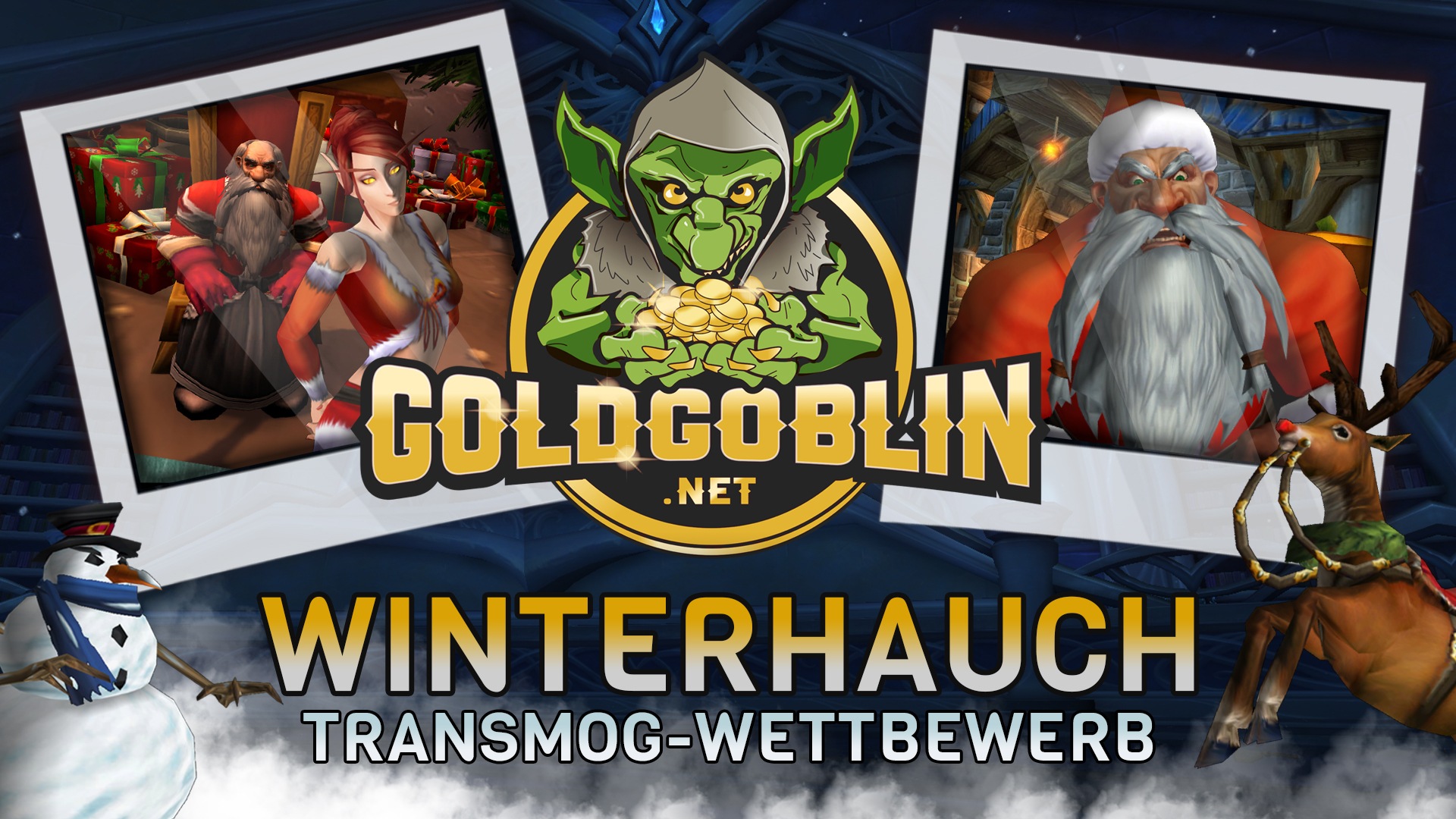  Das Goldgoblin-Logo mit „Fotos“ im Polaroid-Stil mit dem Schriftzug „Winterhauch Transmog-Wettbewerb“.
