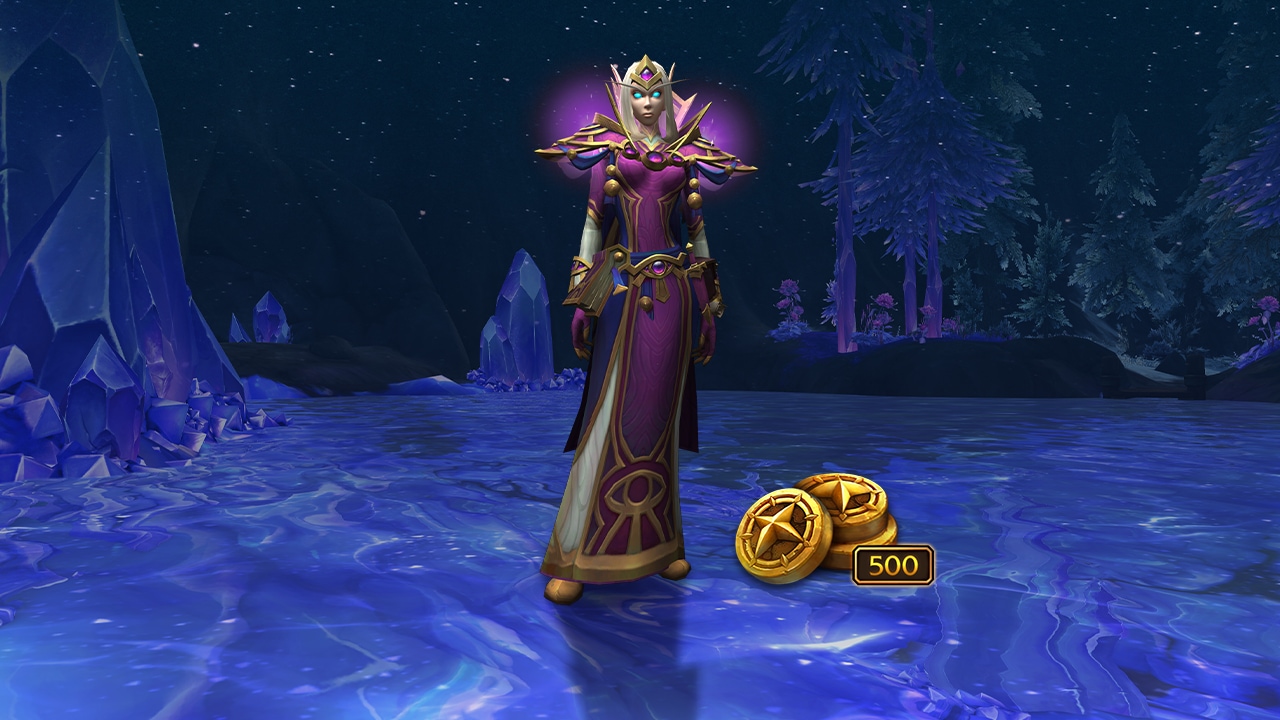 Blood elf female wearing the High Scholar's Arcana while standing on and surrounded by crystals. A Three Trader's Tender coins sit near her feet with the number 500