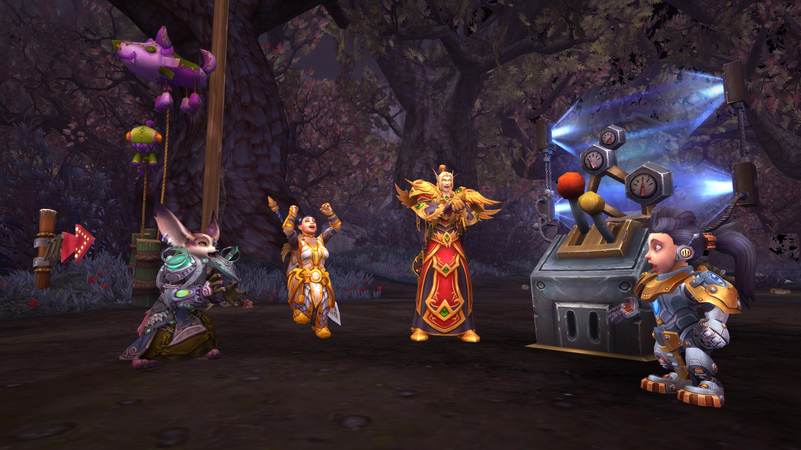 A variety of characters standing around game machines at the Darkmoon Faire