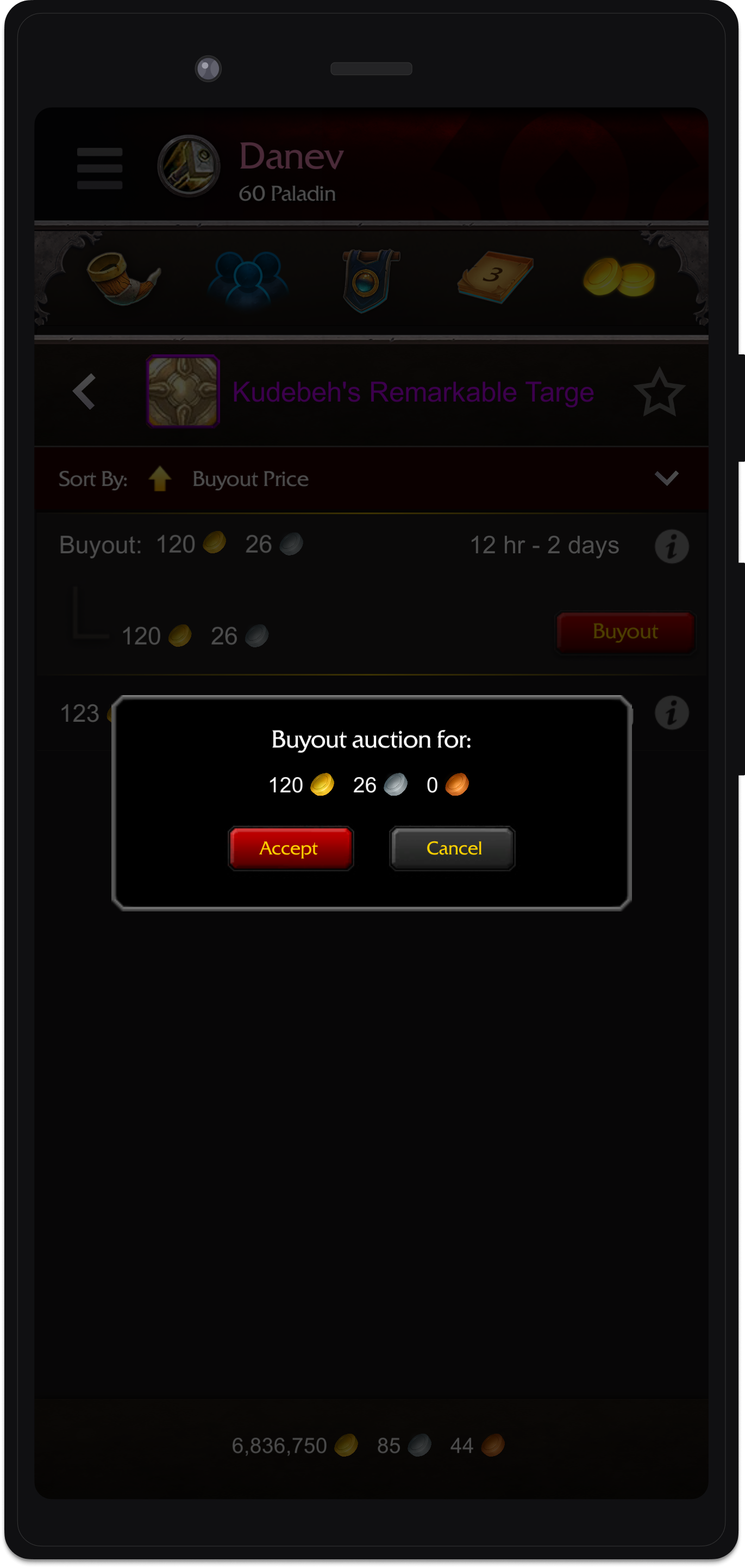 Auction House interface of buying out an auction.