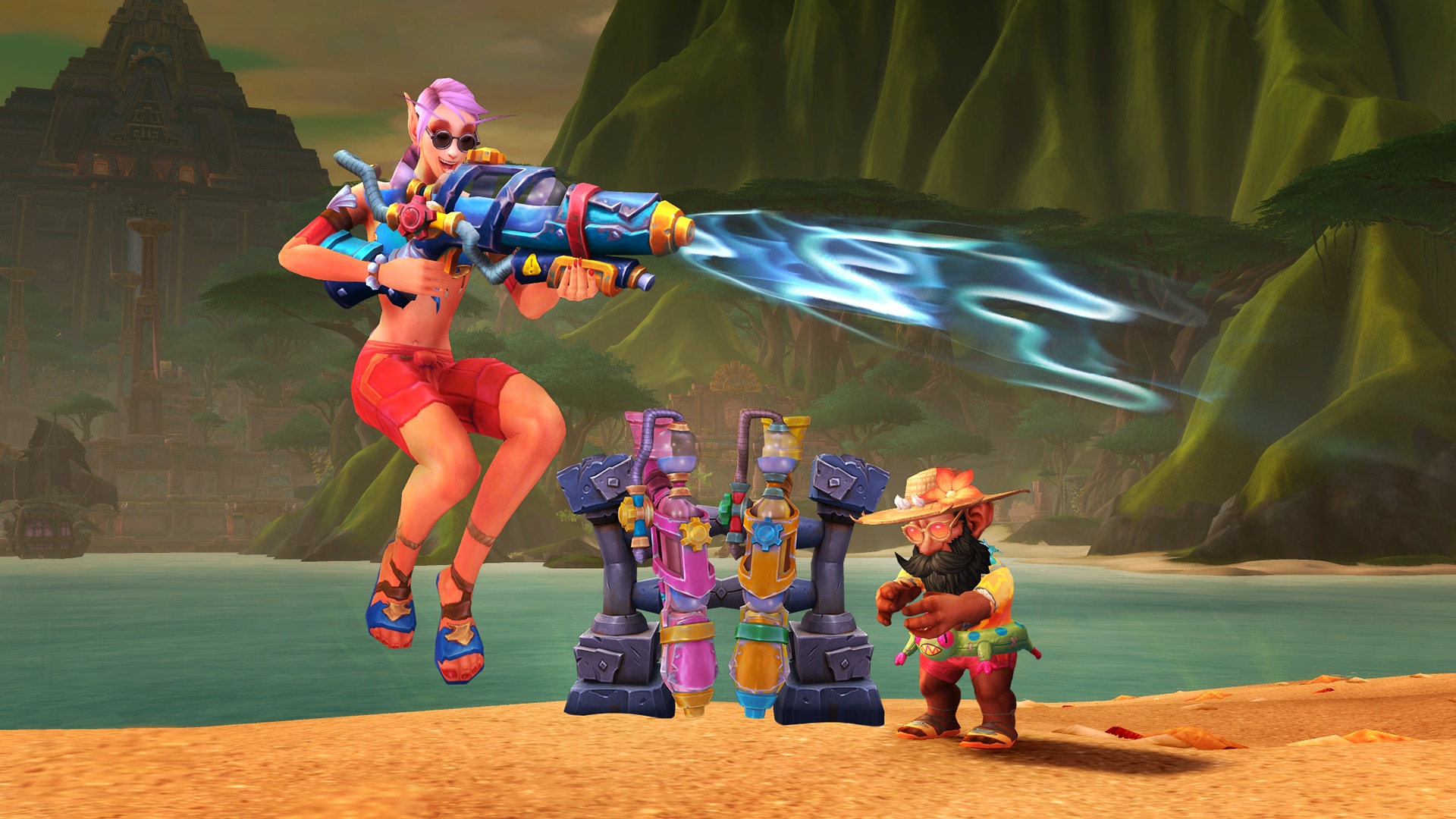 gnomo de roupas de praia ao lado de um suporte com várias armas de água enquanto outro personagem atira com outra arma de água