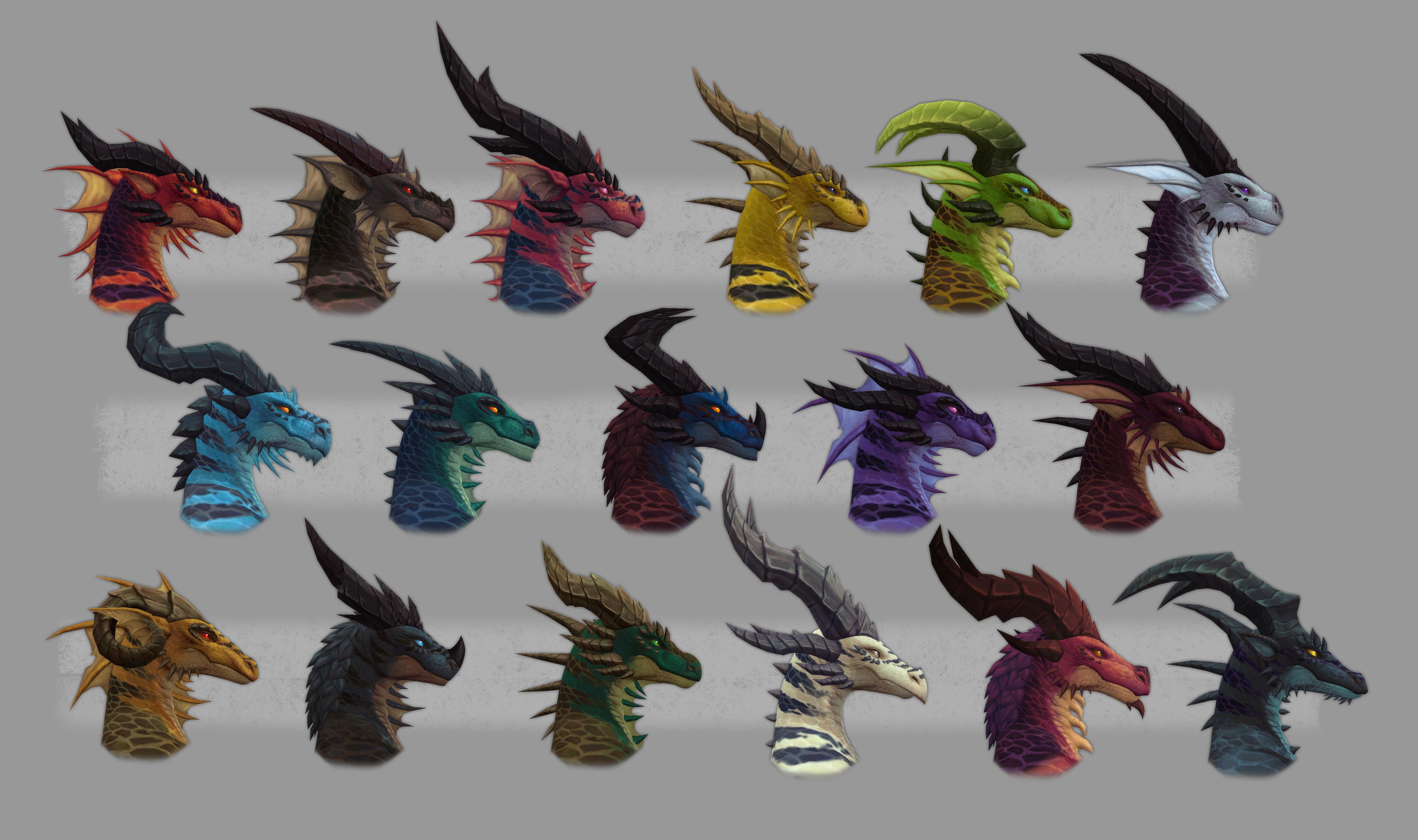 A variety of different colored Dracthyr heads with different hornes and features