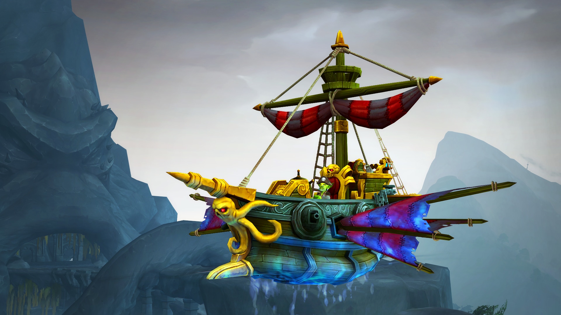 Una nave pirata volante con un Goblin al timone