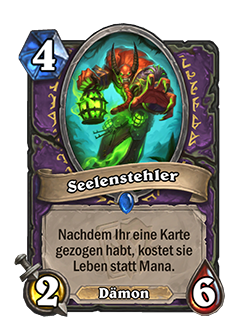 Stealer of Souls is a 4 mana 2 attack 6 health rare Warlock demon minion with card text that reads after you draw a card, change its cost to health instead of mana. 