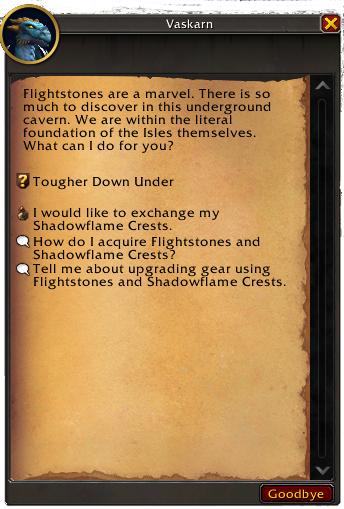 Vaskarn Dialogue options showing a quest, Shadowflame Crests exchange option, information how to acquire Flightstones and Shadowflame Crests 