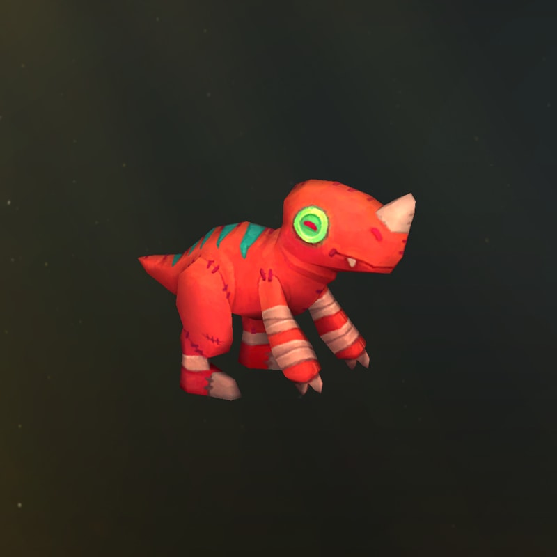 Ein Dinosaurierkuscheltier mit grünen Knopfaugen und türkisfarbenen Streifen auf dem Rücken