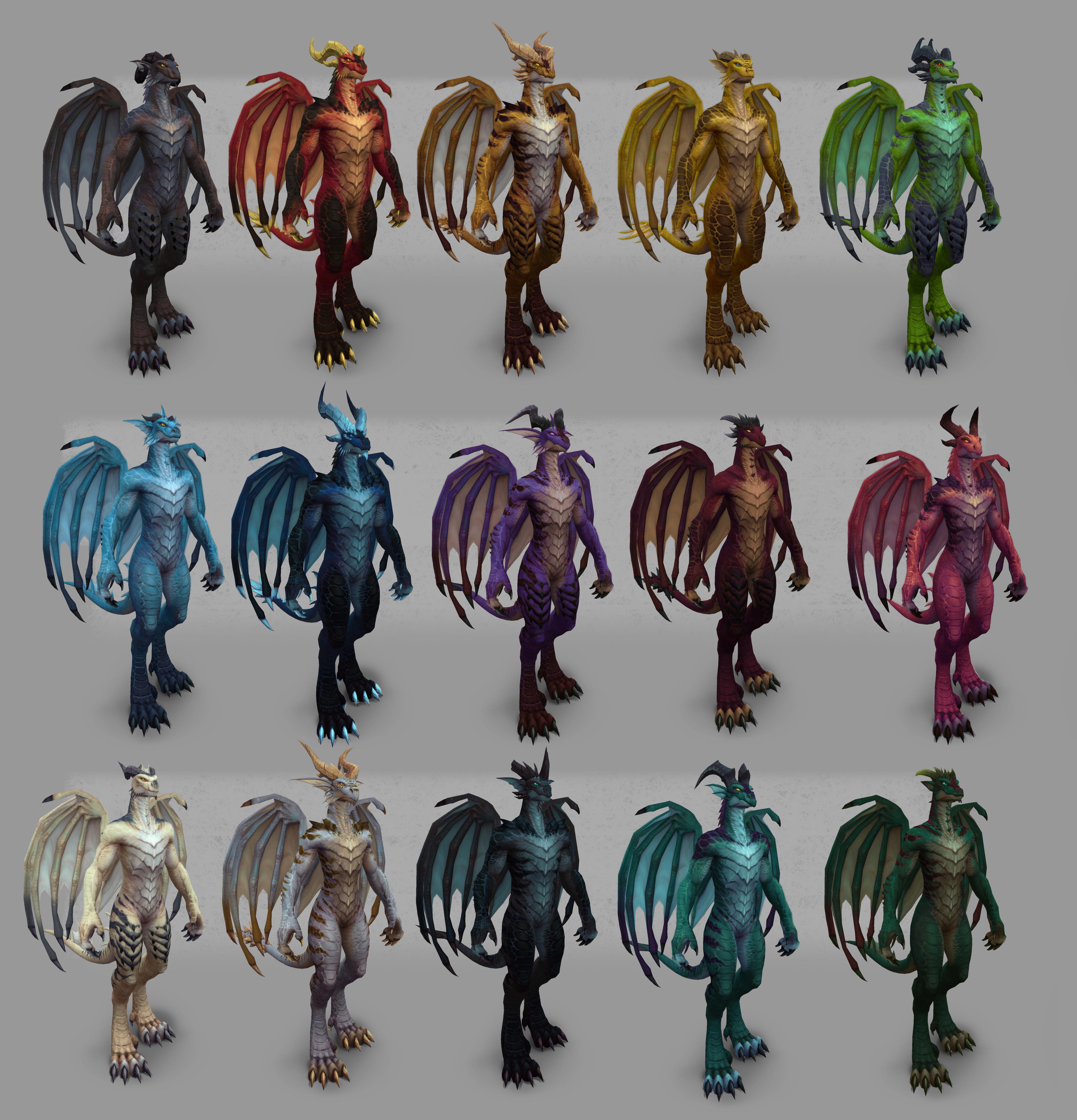 A variety of different colors of Dracthyr without armor