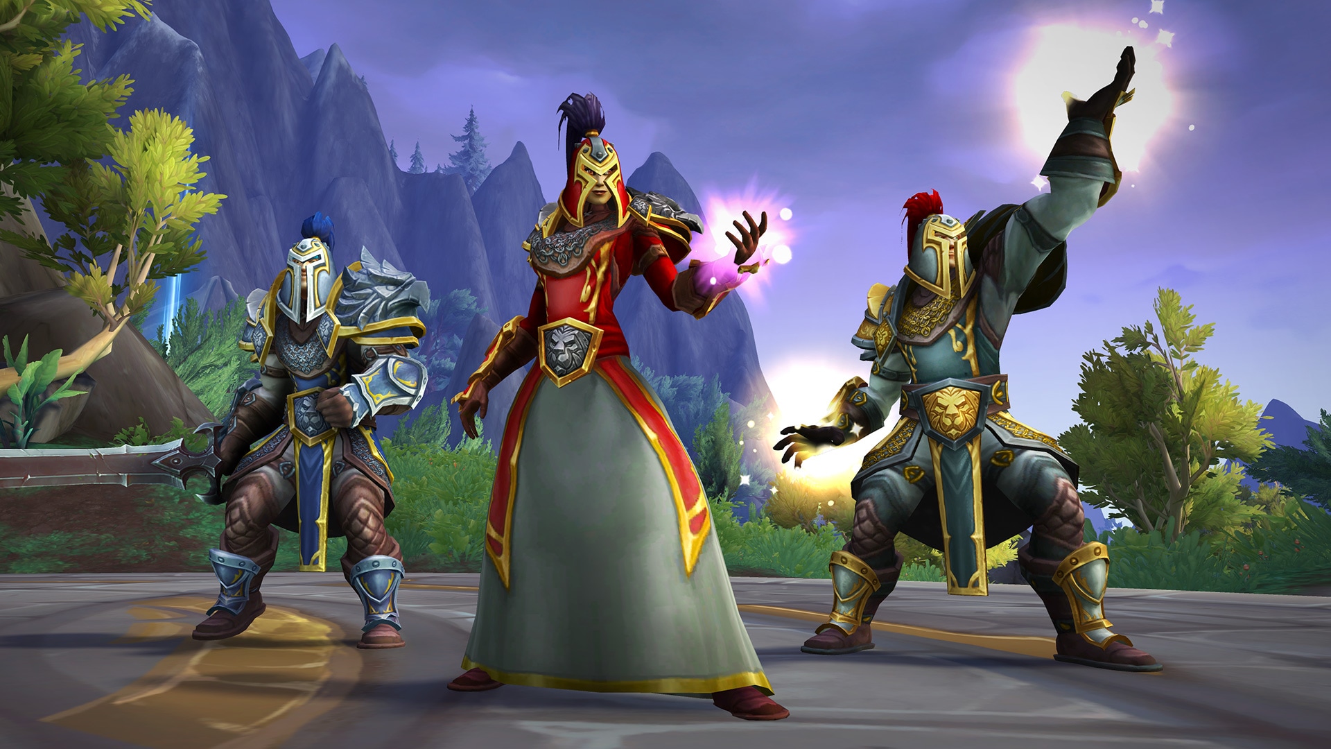Three variations of Human Armor. (Left to Right) Classic Blue and Gold Armor,Red and gray robe With classic Human style helm, and Green Leather style Armor. All three helms have coordinating plumes from the helm.