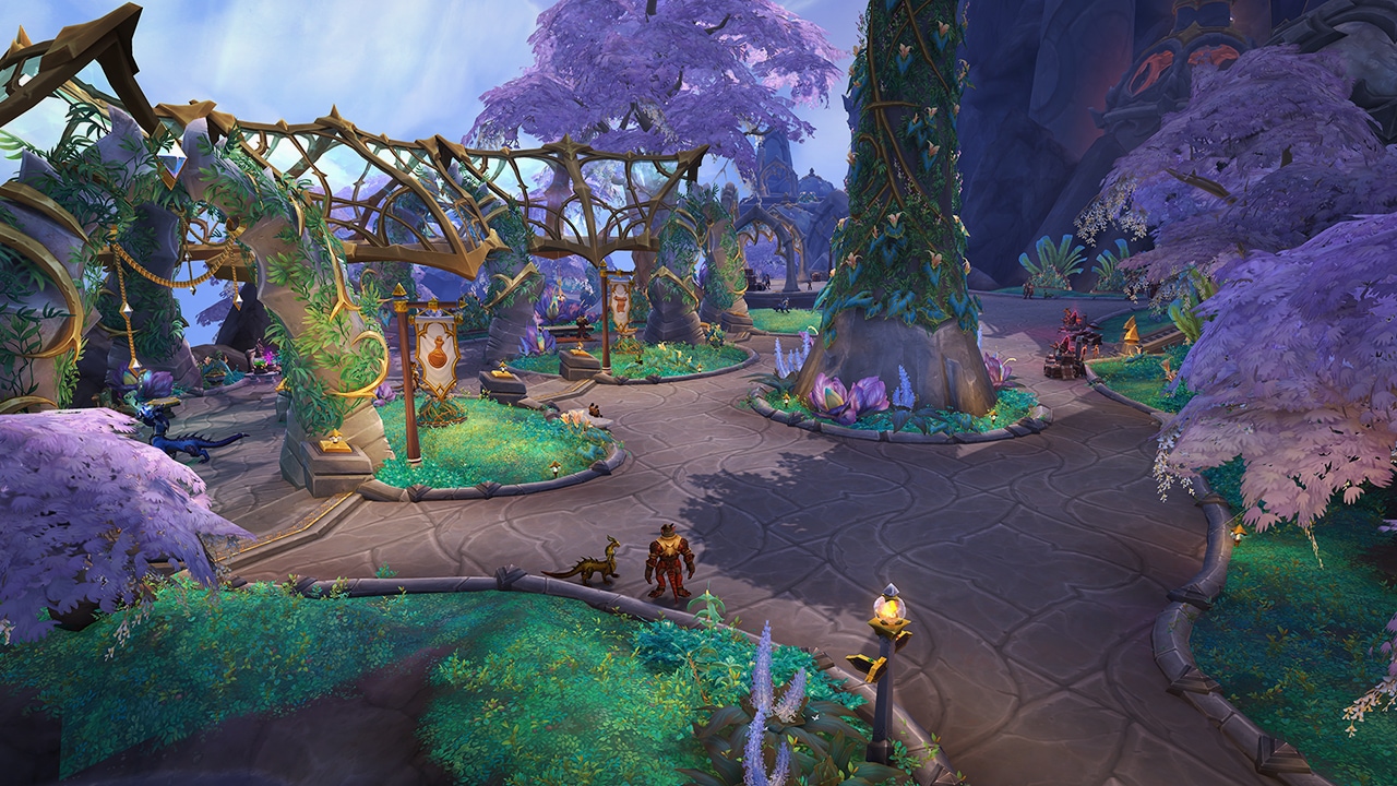Crafting Area with Lots of Greenery, Foliage, and Pergolas. Flags Define Each Crafting Type.