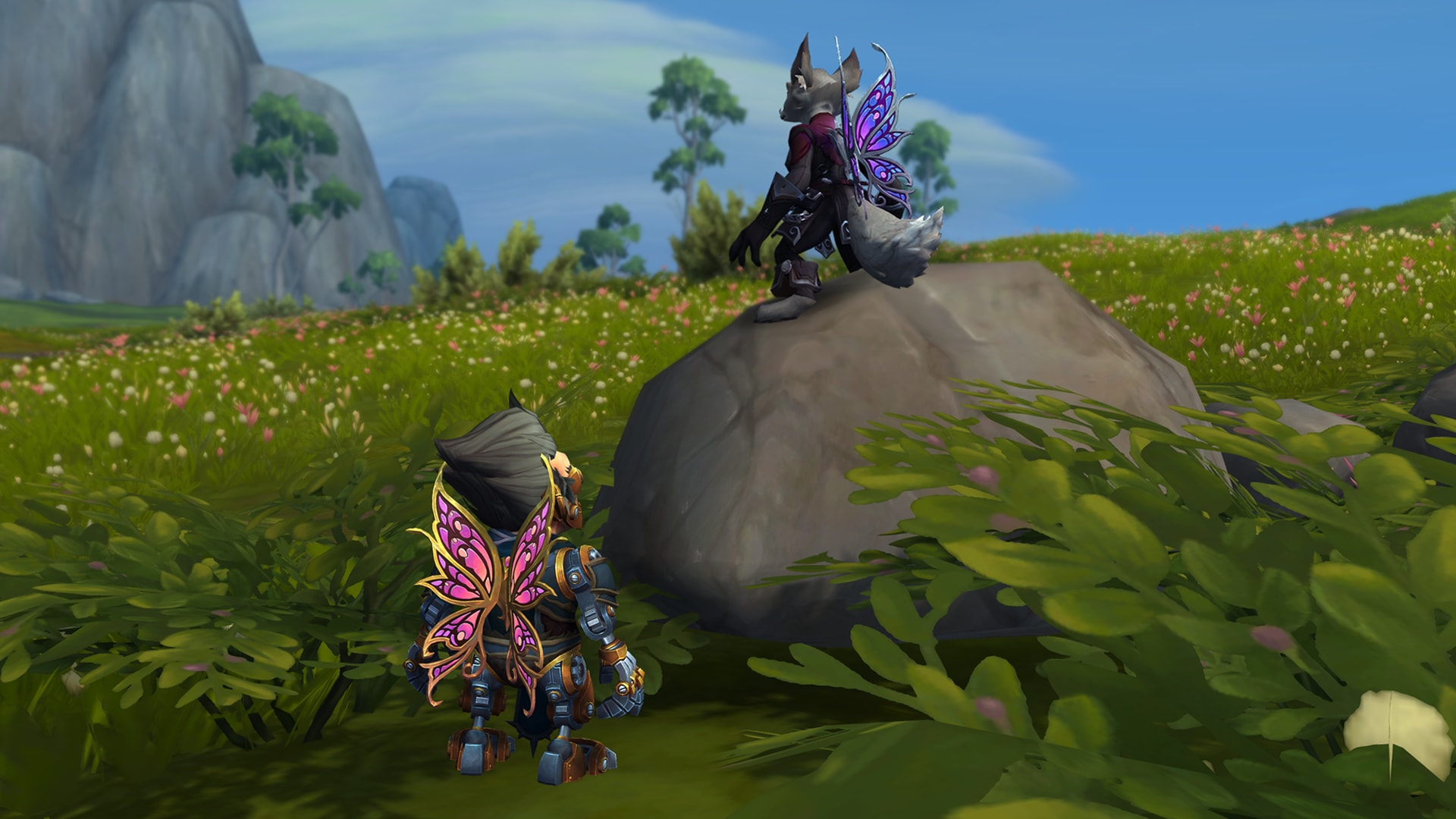 multicolor pink butterfly wings on a mechagnome and multicolor purple butterfly wings on a vulpera