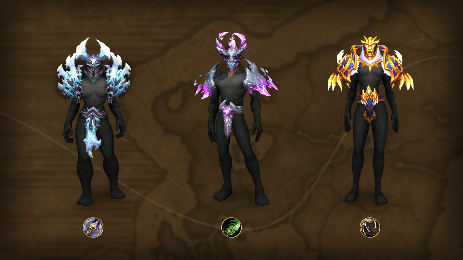 De gauche à droite: chevalier de la mort, chasseur de démons, druide
