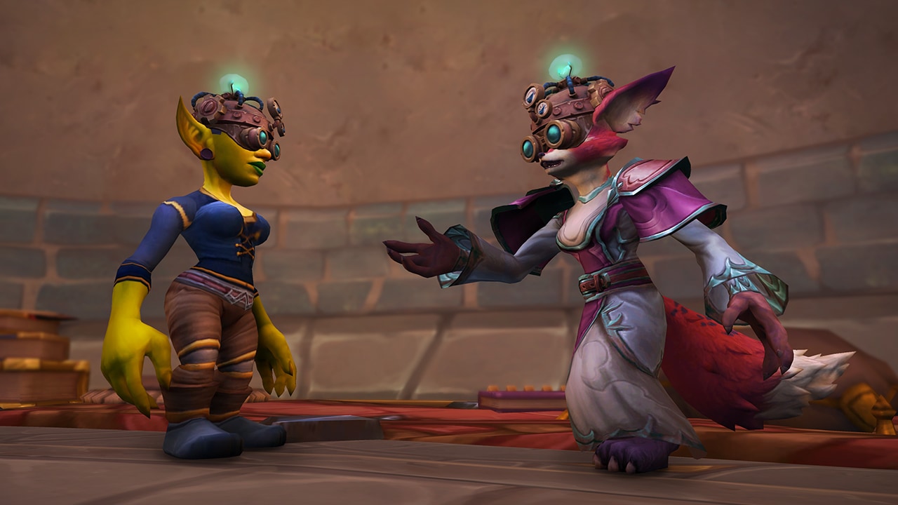 Tricked-Out Thinking Cap on a Vulpera and Goblin talking with each other