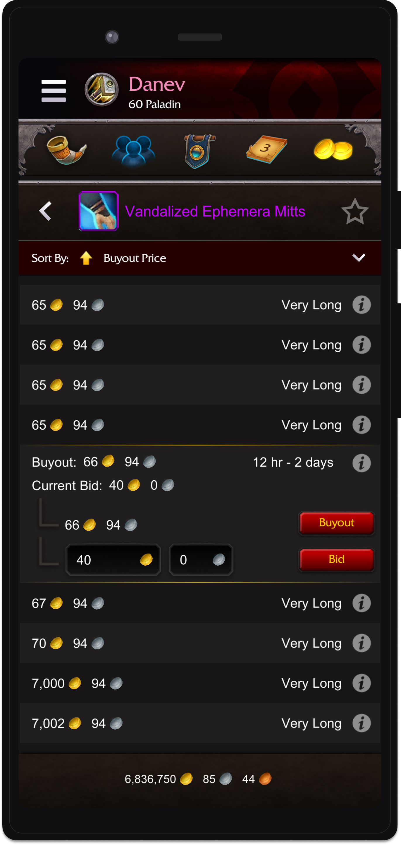 Auction house interface for placing a bid on an item.