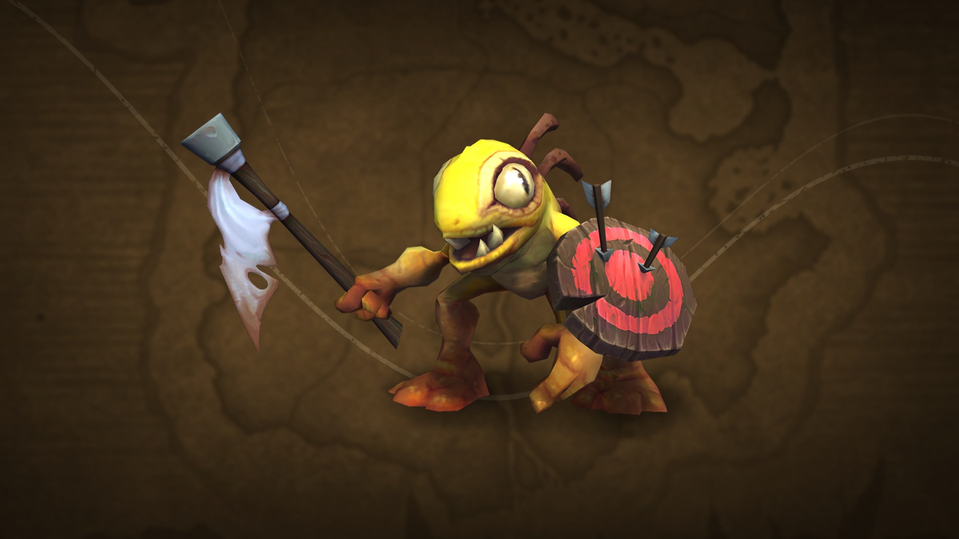 yellow baby gorloc holding a battered shield and one-handed axe