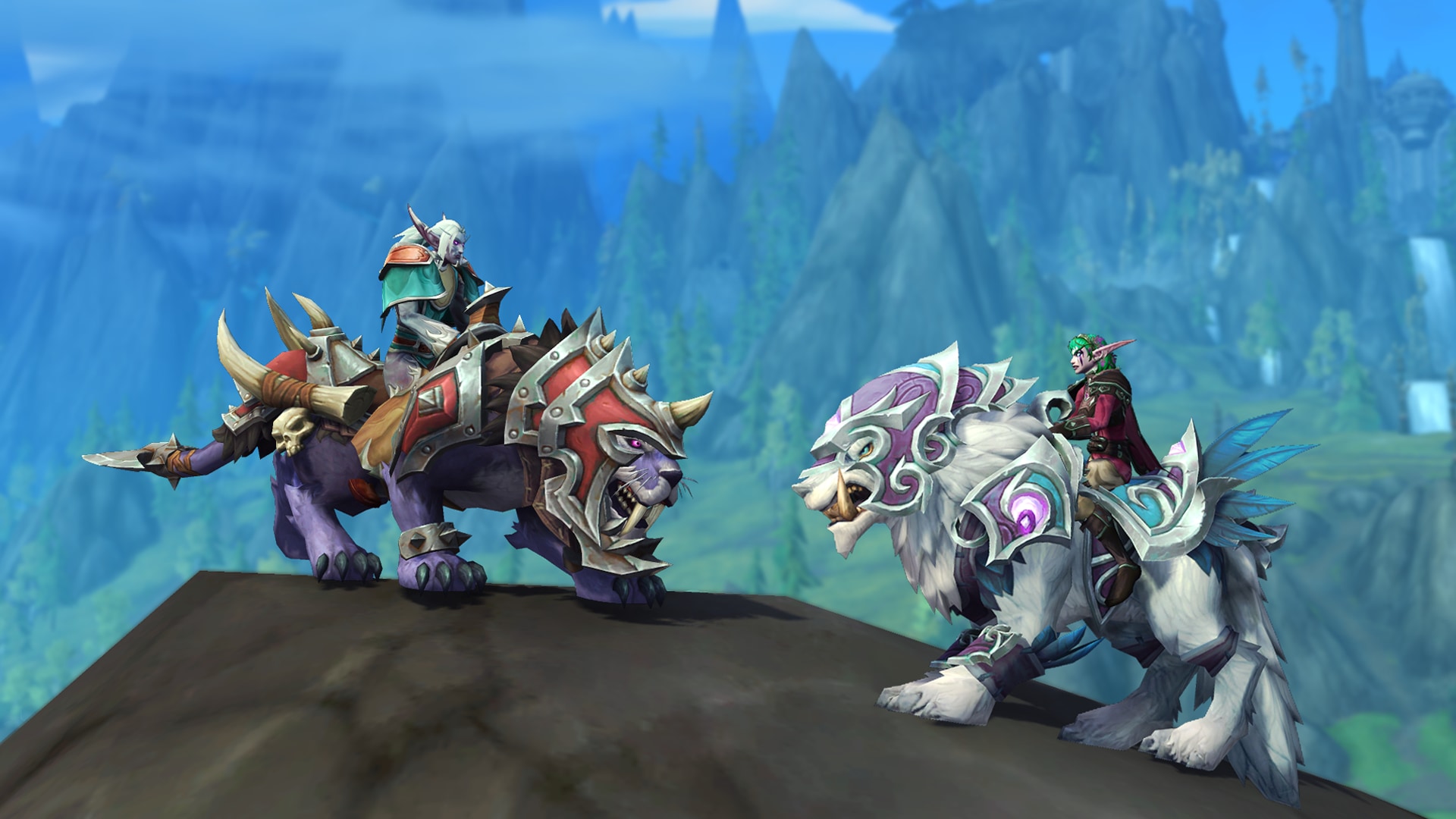 lilac sabertooth tiger with red and silver armor and a white wolf with purple and silver armor