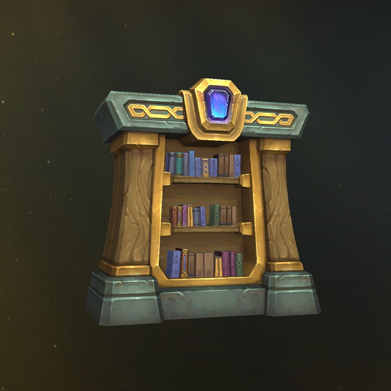 Verziertes gold- und graublaufarbenes Bücherregal mit Büchern und einem großen blauen Edelstein in der Mitte der oberen Zierleiste