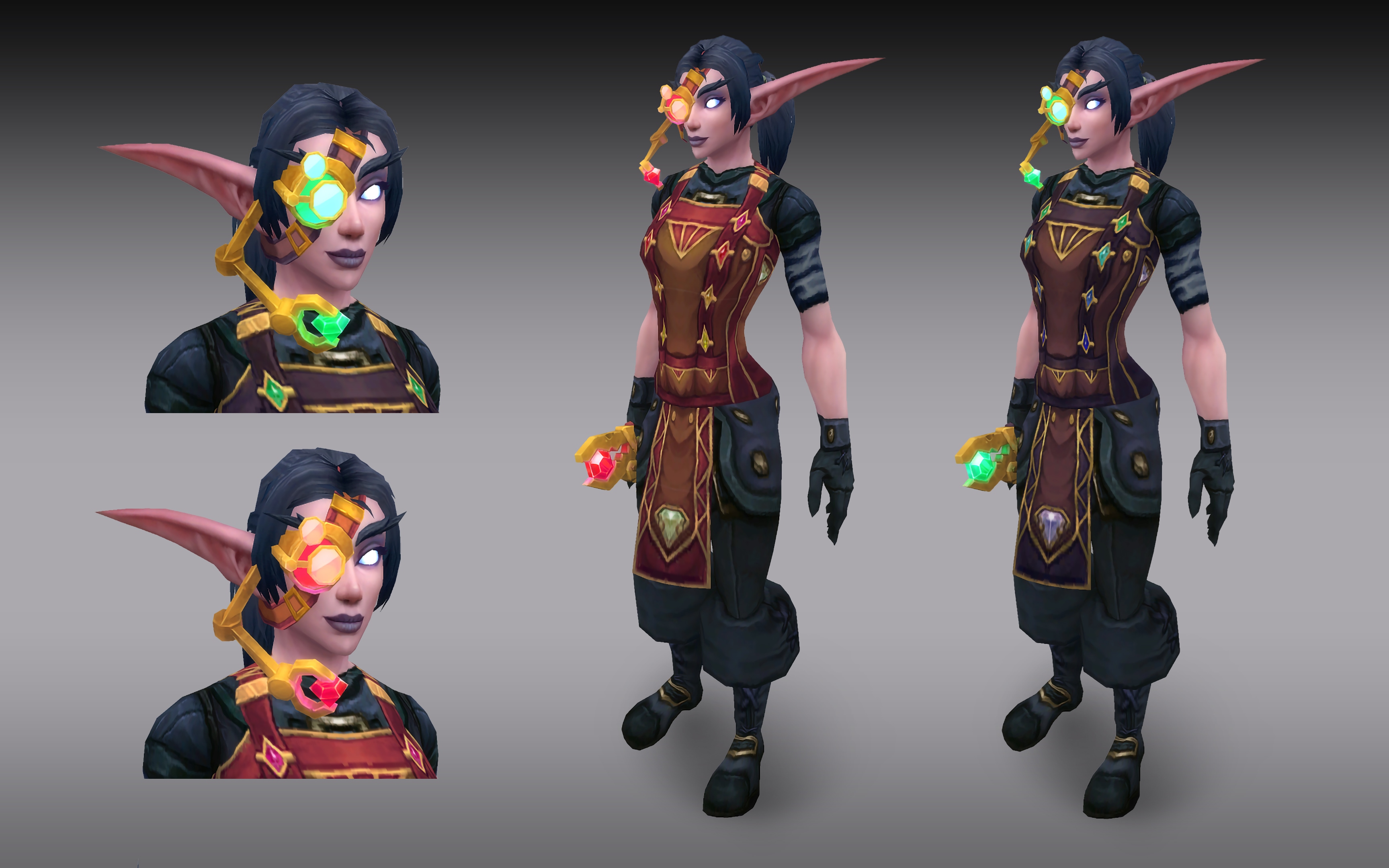Close up view of two Jewelcrafting head-pieces (green and red gemmed) worn by a night elf. Two more full-length views (red and green gemmed) of a night elf wearing the head pieces, holding the Jewelcrafting tools and wearing a Jewelcrafting apron. 