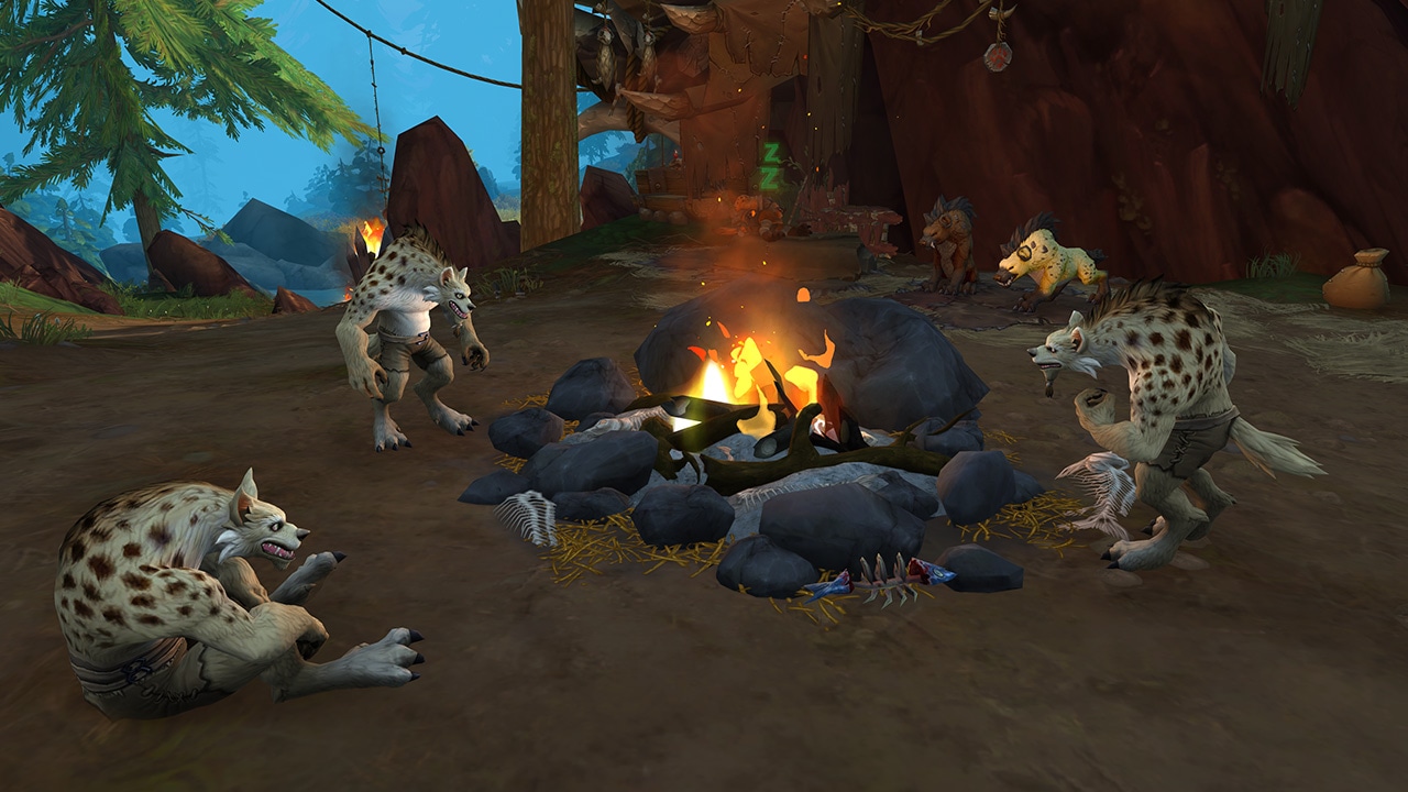 A picture of several gnolls around a campfire in a forest