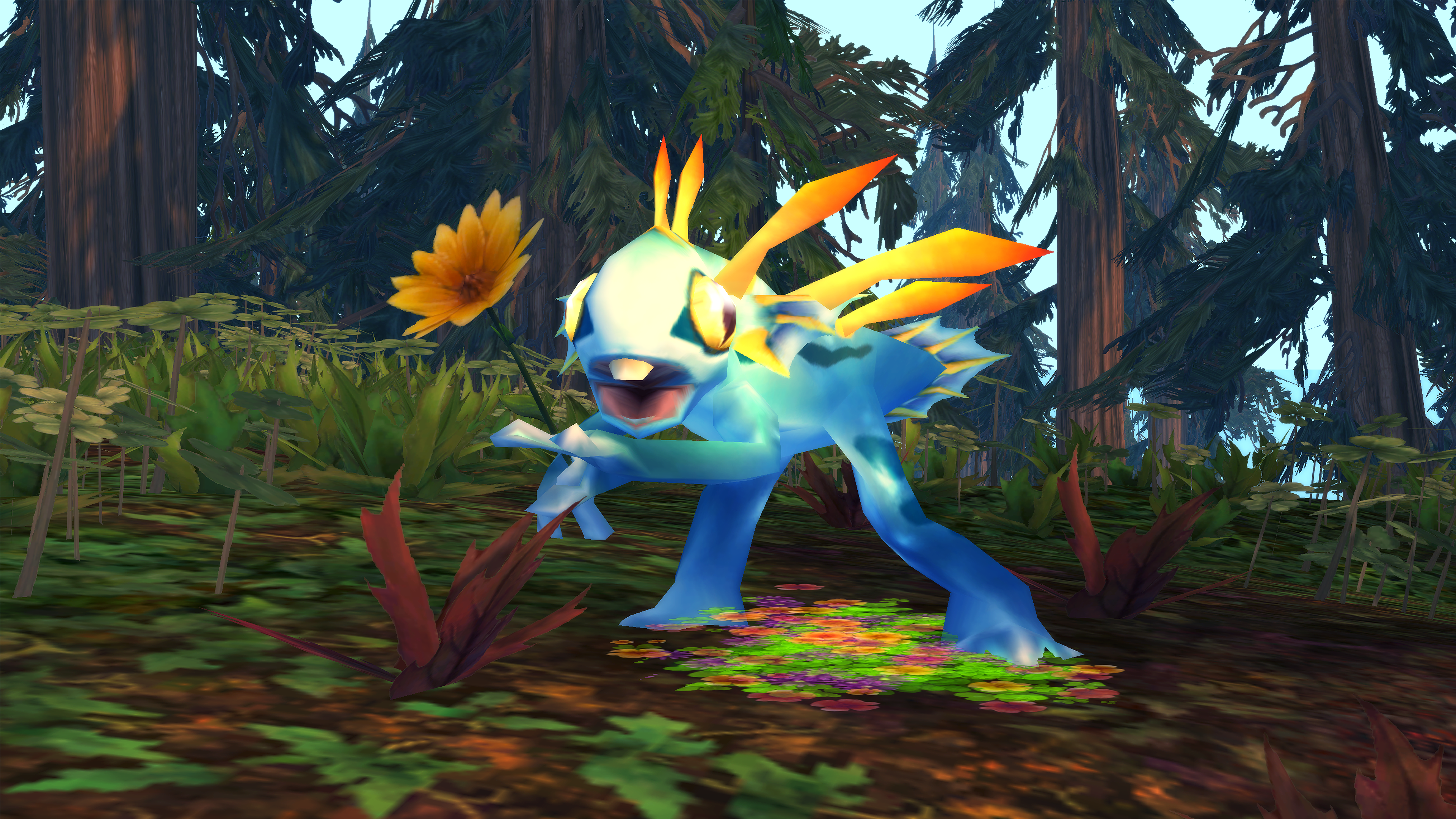Flurky holding a sunflower standing in small clearing with a wooded area behind