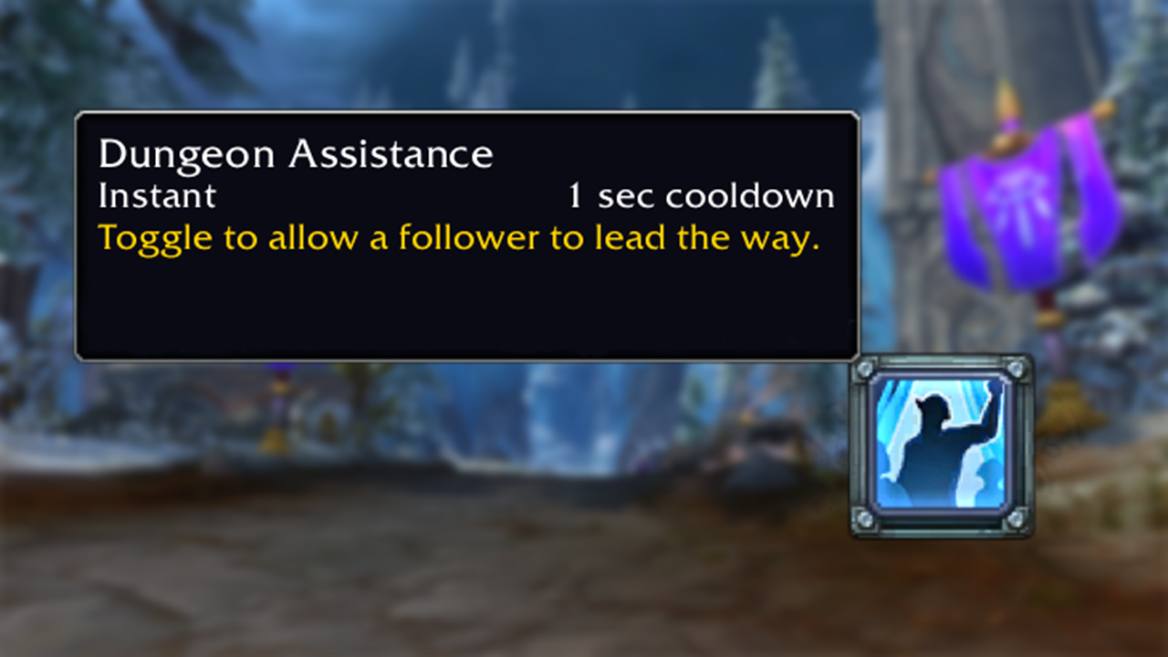 Tooltip for Dungeon Assistance showing of a blue icon- Instant 1 second cooldown- toggle to allow a follower to lead the way