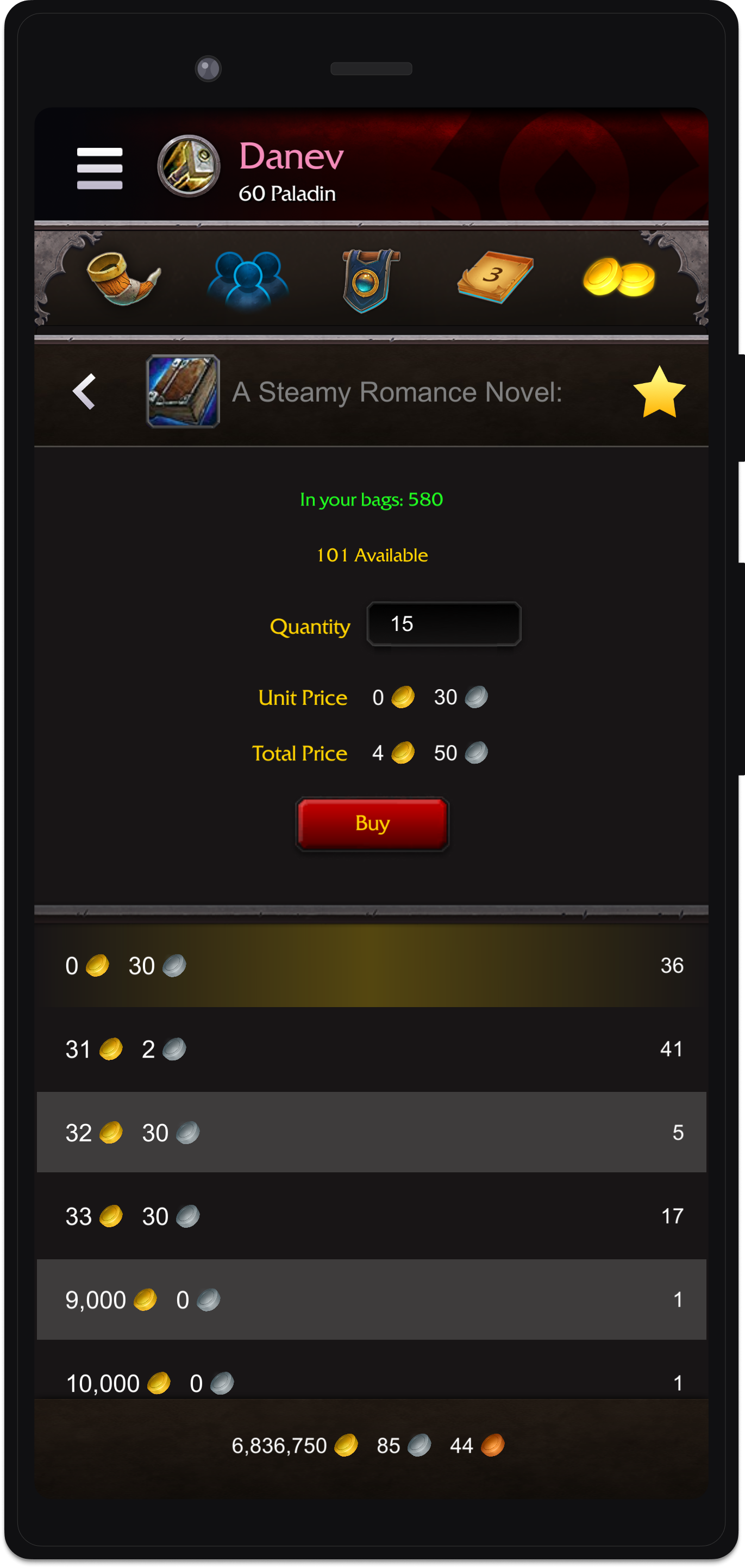Auction house interface for buying commodities.