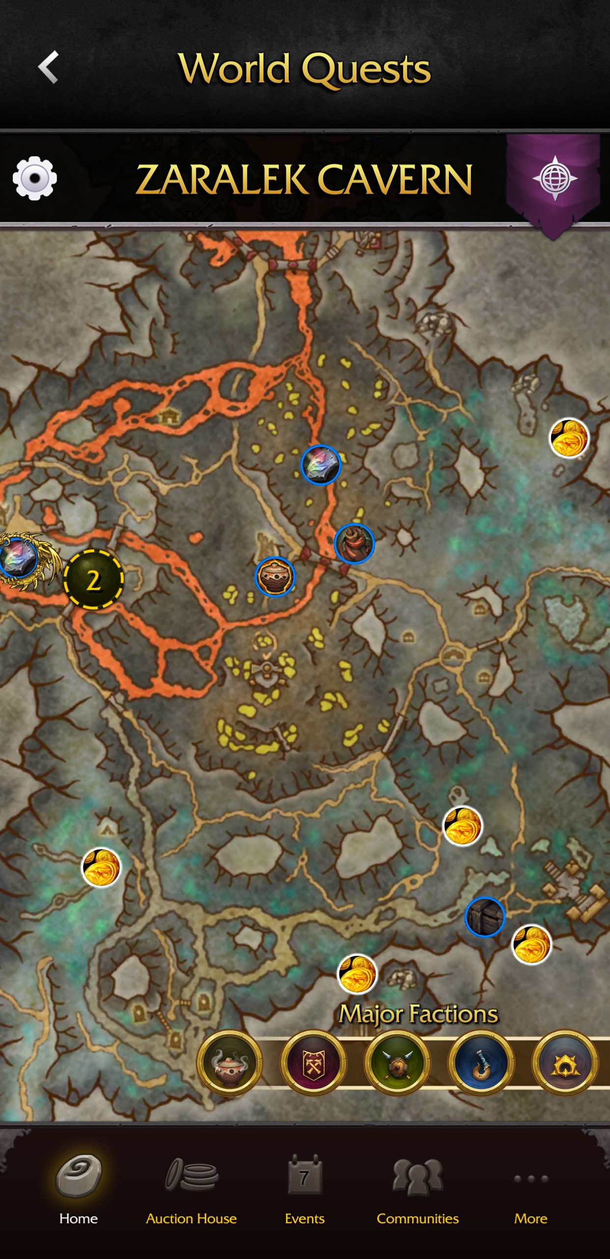 Karte von Zaralek Cavern mit Markierungen für Hauptfraktionsquests